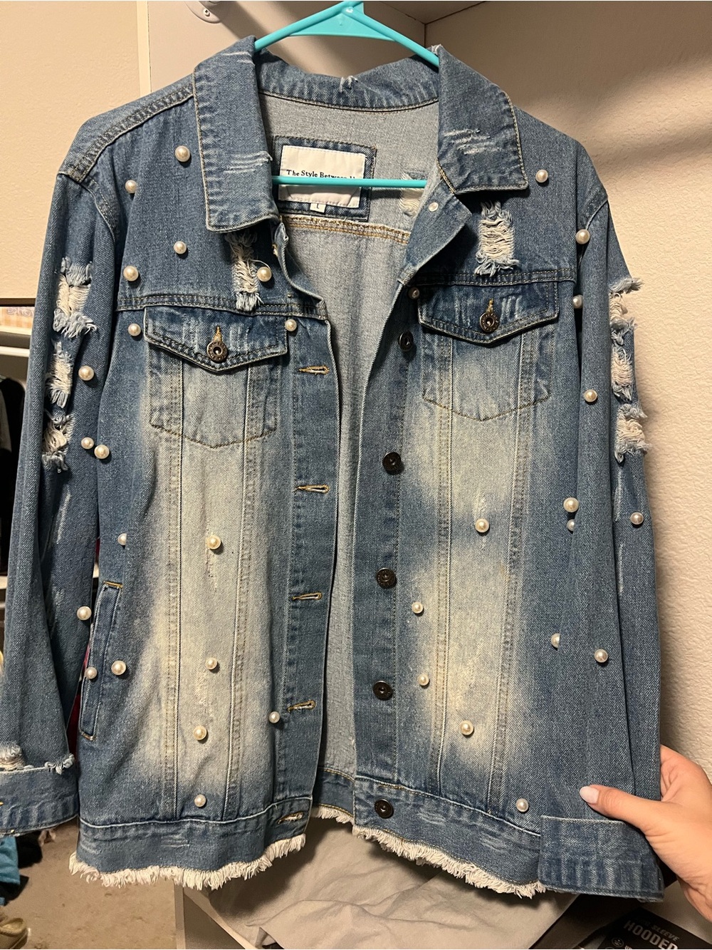 Pearl-Embellished Light Blue Denim Jacket